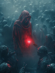 Mysterious ritual in a dark forest cinematic artwork of a hooded figure's presence