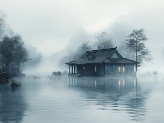 Fototapeta premium House on water with lights glows in fog; trees and mountains fill background. Use Stock image