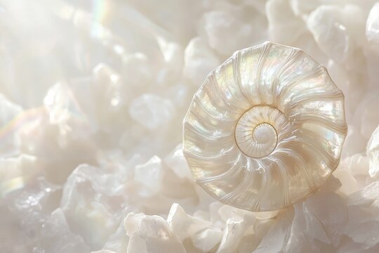 A pearly nautilus shell rests on a bed of white stones, bathed in soft sunlight, showcasing its iridescent beauty.
