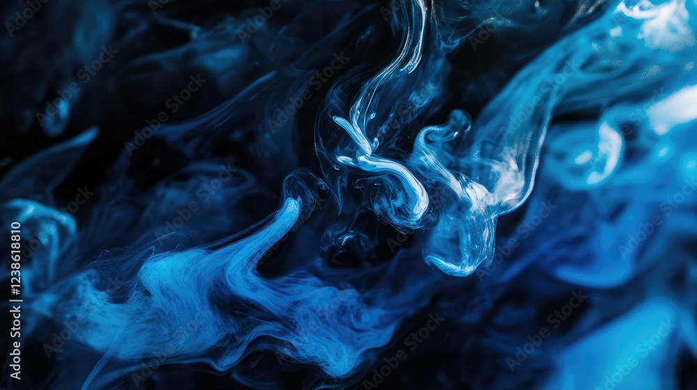 Poster captivating blue smoke swirls in mysterious abstract pattern against dark background evoking depth a