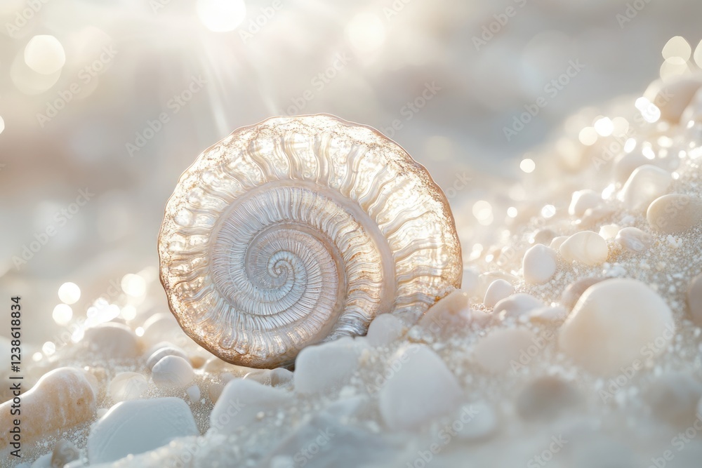 Poster a translucent seashell rests on sunlit beach pebbles, showcasing intricate spiral patterns and soft 
