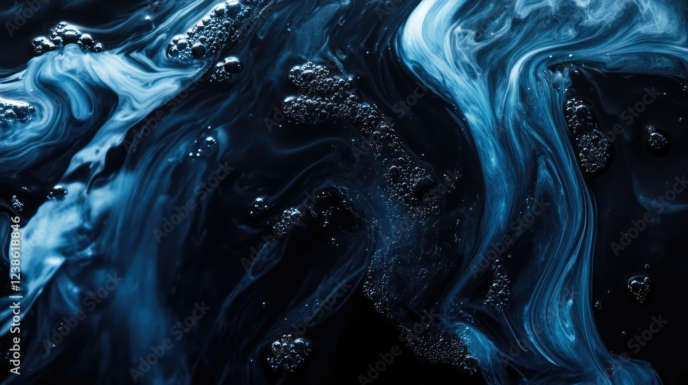 Poster swirling blue and black abstract liquid patterns with bubbles captured in a dark and mystical atmosp