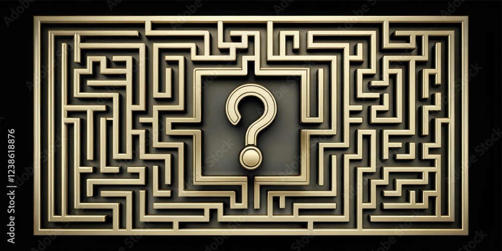 Poster golden maze with central question mark a visual representation of uncertainty and the search for ans