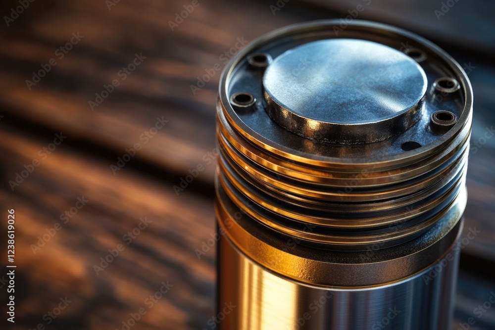 Aufkleber close-up of a metallic cylindrical object with layered rings and a smooth top surface, resting on a 