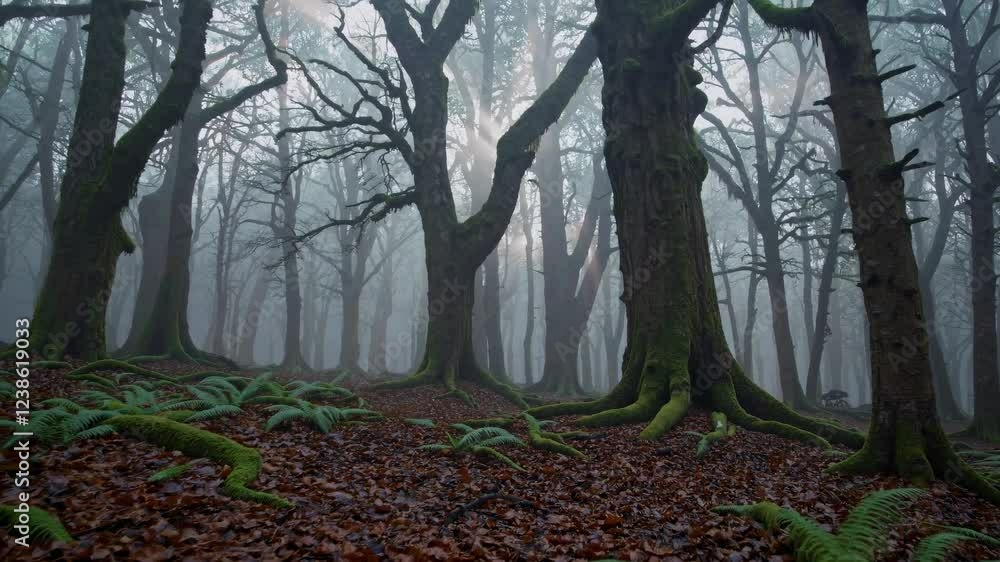 Poster discover a misty forest full of ancient trees and vibrant ferns at dawn