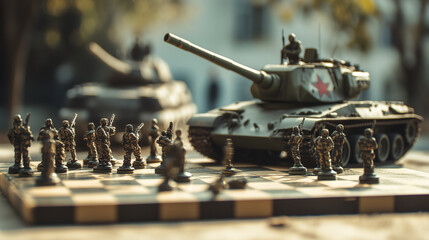 War strategy concept with chess pieces and military tank, created with generative AI technology  
