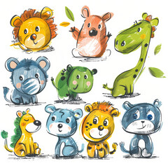 Obraz premium Whimsical animal illustration featuring cute creatures in a playful setting