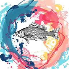 Retro Fish Illustration with Abstract Canvas