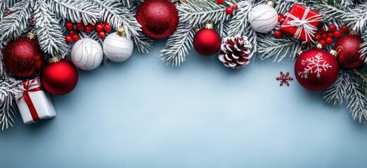 Christmas Celebration with White Pine Branches and Red Ornaments in Minimalist Style