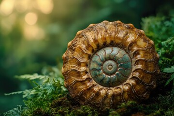A mesmerizing ammonite fossil, showcasing its intricate spiral and vibrant colors, rests on a bed of lush green moss.
