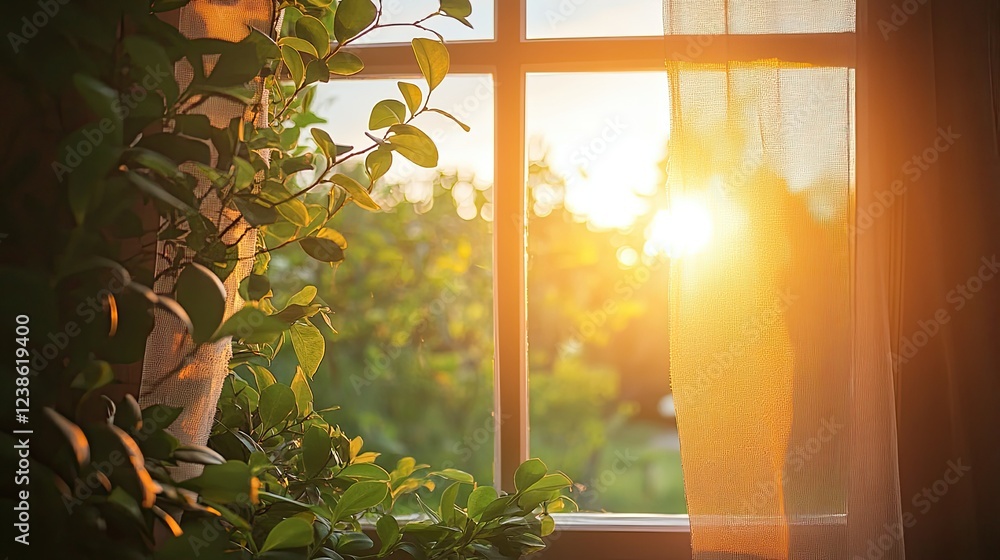 Poster Sunlight Through Window with Greenery in a Cozy Setting
