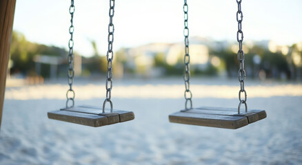 Two empty wooden swings sway gently in a calm playground surrounded by soft sand as sunlight fades in the background