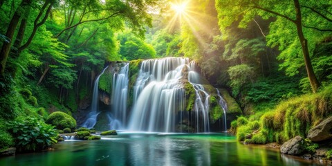 waterfall cascading through lush green forest scenery with vibrant foliage and sunlight filtering through trees