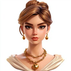 Glamorous woman with a sleek updo, golden accessories, and a confident gaze, isolated on white background