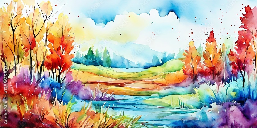Poster A painting of a forest with a river running through it