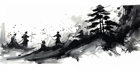 Obraz premium A painting of three men in samurai costumes and a tree