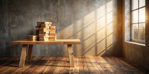 Sunlit Room Interior with Wooden Table and Stacked Boxes