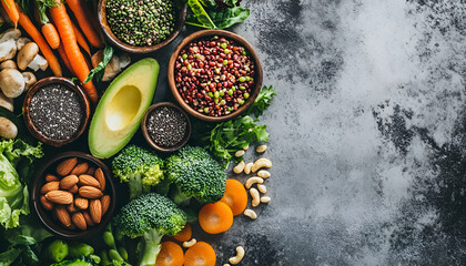 Food sources of plant based protein. Healthy diet with legumes, dried fruit, seeds, nuts and vegetables. Foods high in protein, antioxidants, vitamins and fiber