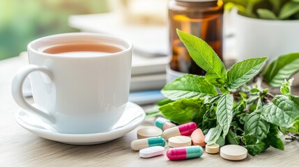 Herbal Tea with Fresh Mint and Medicinal Tablets on Wooden Table