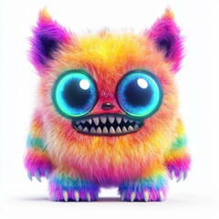Fototapeta premium Cute Furry Monster with a Neon Rainbow Pattern, Big Glowing Eyes, and a Mischievous Smile, Soft Fluffy Texture, Isolated on White Background