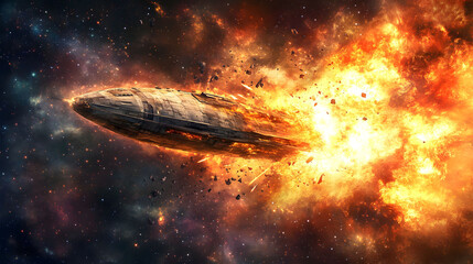 Obraz premium Cosmic Catastrophe: Spaceship Explosion in a Nebula