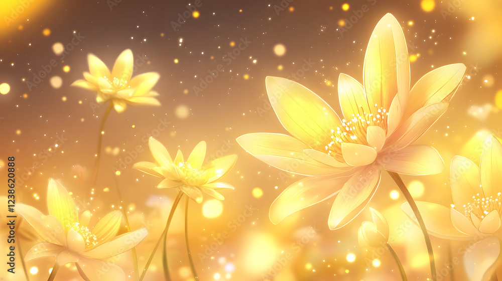 Poster a dreamy scene of golden flowers blooming under soft lights, creating a serene and enchanting atmosp