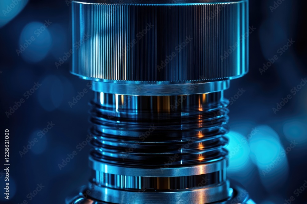 Poster close-up of a metallic object with intricate threaded details, illuminated by blue light.