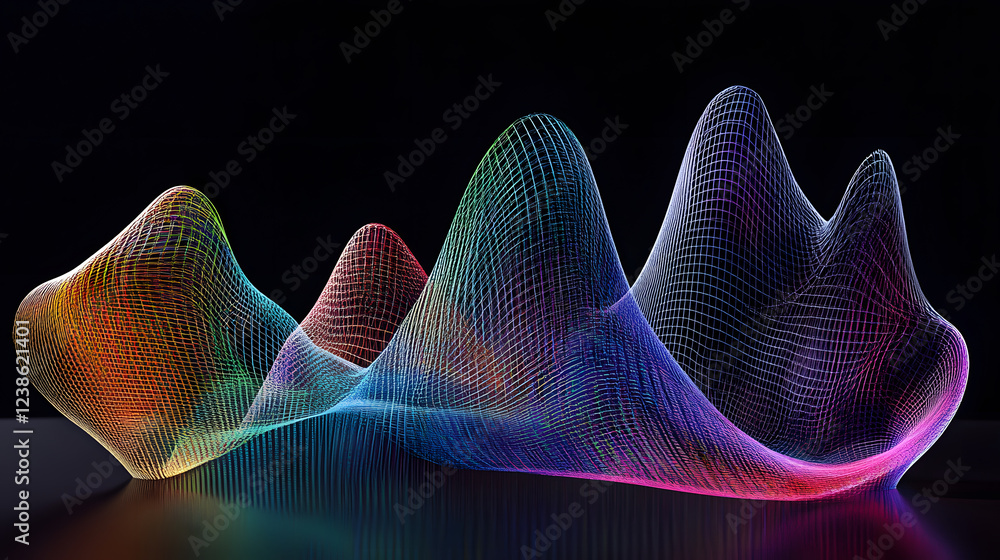 Poster a colorful, abstract wave-like structure with a mesh appearance, set against a dark background, show