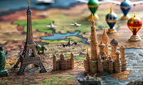 Airplane flying over miniature world landmarks on map. Travel planning, adventure concept