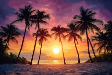 Tropical Beach Sunset with Palm Trees and Vibrant Sky