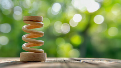 Obraz premium A spiral wooden spring is positioned on a rustic wooden table, surrounded by soft green hues and natural light from the outdoors