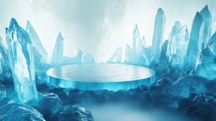 Obraz premium Abstract blue ice crystal platform with symmetrical geometric frost formations