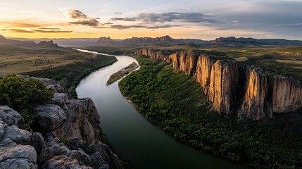 River canyon nature idea. A stunning view of a winding river surrounded by majestic cliffs and...