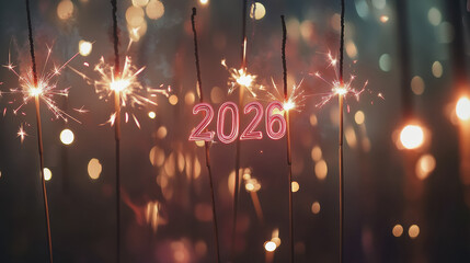 Fireworks Illuminate the Night Sky With Burning Letters Celebrating the Year 2026
