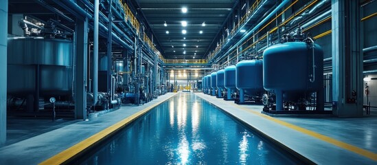 Obraz premium Modern Industrial Facility Interior with Large Tanks and Reflective Water Surface in a High-Tech Manufacturing Environment