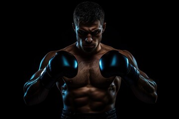 A powerful silhouette of an angry MMA fighter stands tall, wearing boxing gloves against a dark background.