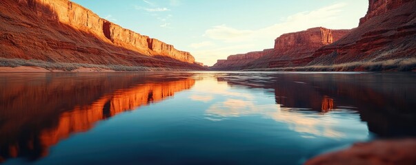 River canyon nature idea. Stunning reflection of red rocks in a calm river during sunset.