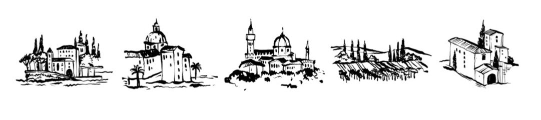 Italian landscape set, vector hand drawn doodle Tuscany nature view, old winery countryside print. Vintage European architecture graphic, cypress hill travel label. Italian landscape sketch collection