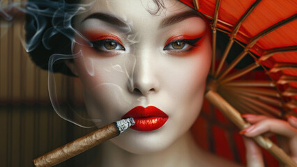 Traditional Japanese woman smoking a cigar with intense gaze