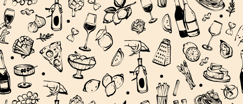 Italian food seamless pattern, vector doodle hand drawn wine background, Amalfi lemon print, pizza. Traditional sketch eatery texture, cafe scribble wallpaper, picnic drinks design. Italian pattern