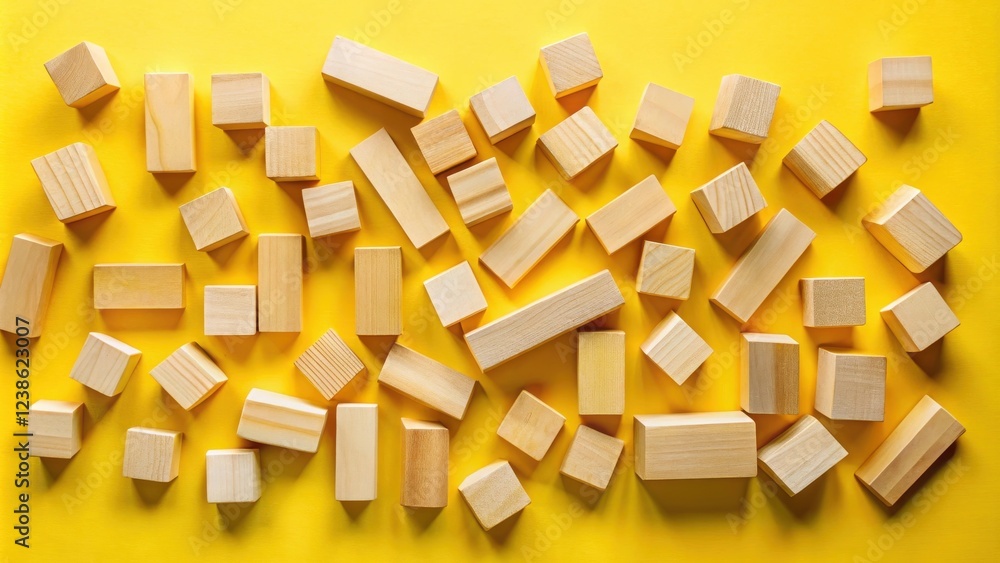 Poster scattered wooden blocks on yellow background a flat lay of simple geometric shapes for design and co