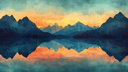 Serene mountain lake sunset reflected perfectly in teal waters. AI Generated