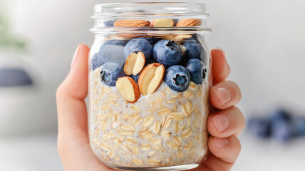 Healthy Eating Concept, Creamy overnight oats in jar topped with blueberries and almonds