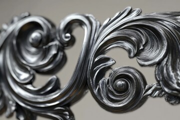Intricate, swirling metal design with a dark, brushed finish, showcasing elegant scrollwork.