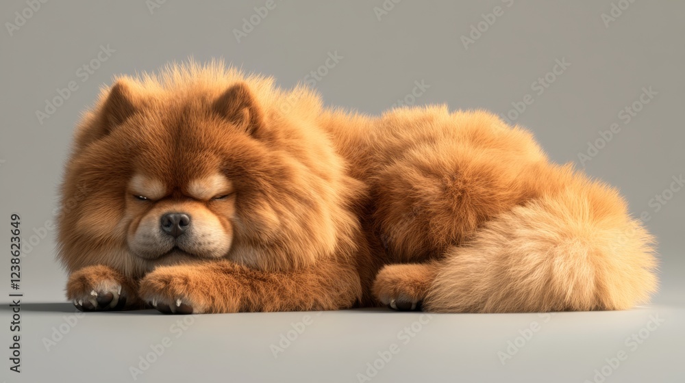 Poster fluffy 3d chow chow resting with curled tail on neutral background