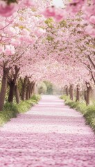 Naklejka premium Serene scene of cherry blossom trees in full bloom along a petal laden pathway in nature