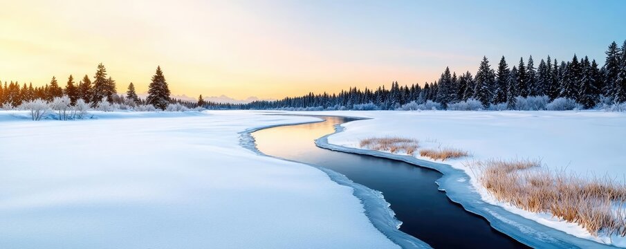 Snowy landscapes nature idea. A serene winter landscape with a winding river through snow-covered terrain.