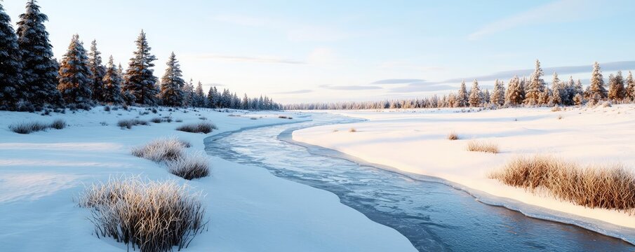 Snowy landscapes nature idea. A serene winter landscape featuring a river and snow-covered trees under a clear sky.