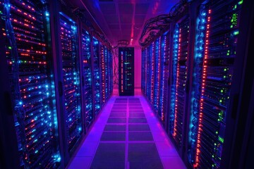 Modern Data Center with Vibrant LED Lights and High-Tech Servers in a Secure Facility for Advanced Computing and Network Solutions