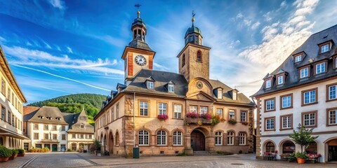 Old town hall with stone fa?ade and clock tower in Ahrweiler historic center , stone building, traditional architecture